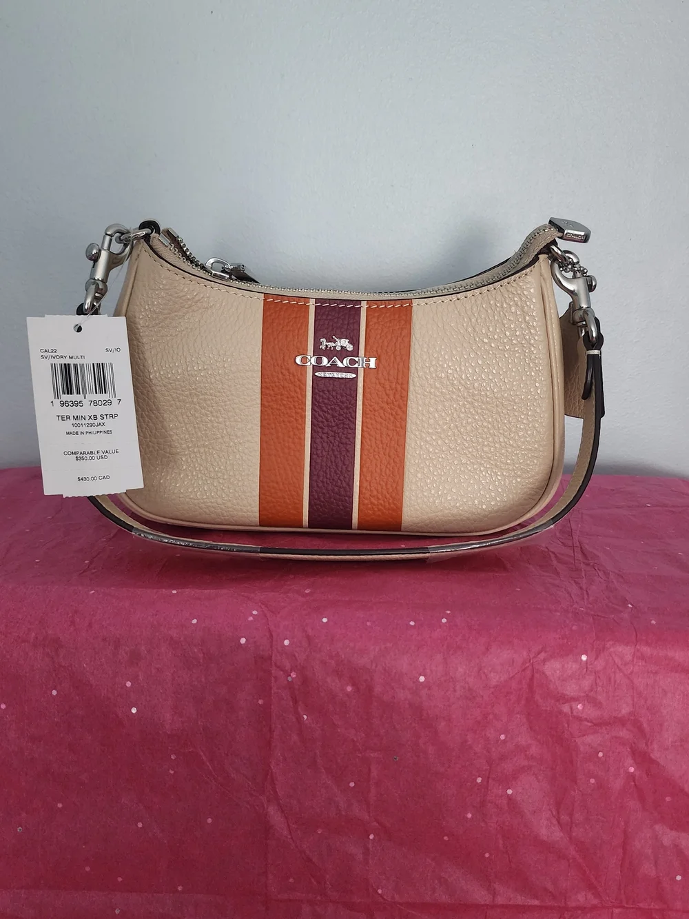 Coach Beige Pebbled Leather Shoulder Bag with Orange and Burgundy Stripes